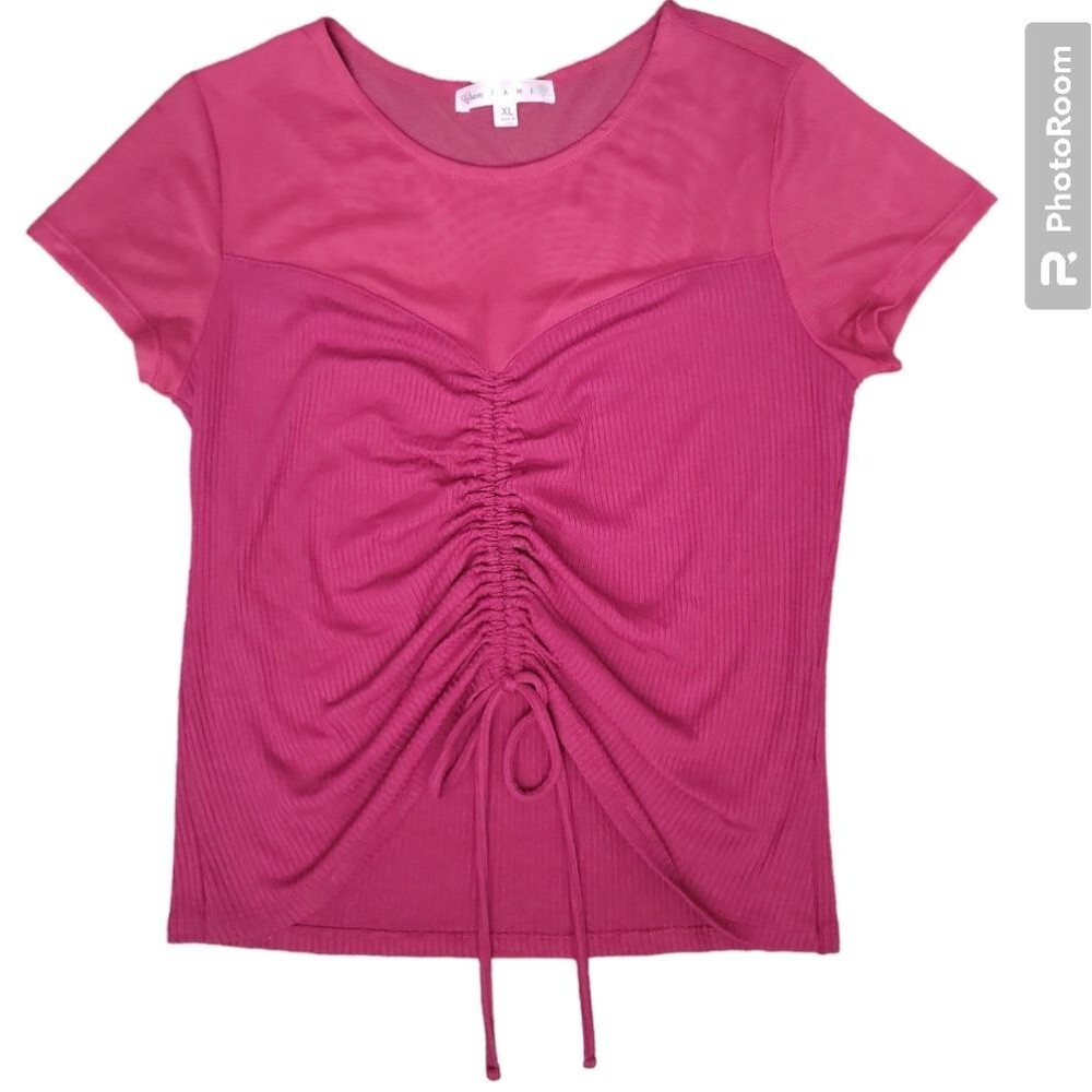 CRAVE FAME Juniors' Red Mesh Illusion Ruched Top - XL